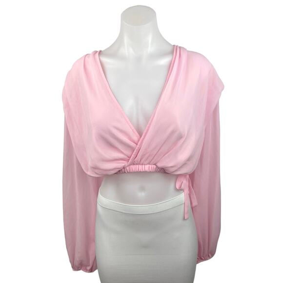 Missguided Pink Deep V Long Sleeve Elastic Wait Wrap Cropped Blouse Top Size 4 - Picture 1 of 4